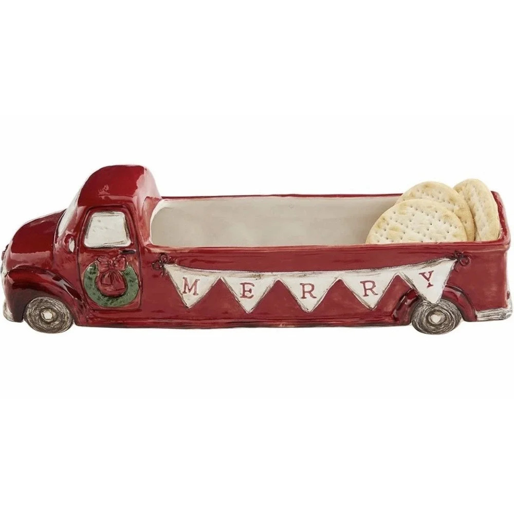 Mud Pie Merry Truck Ceramic Christmas Cracker Or Candy Dish Red Vintage Truck